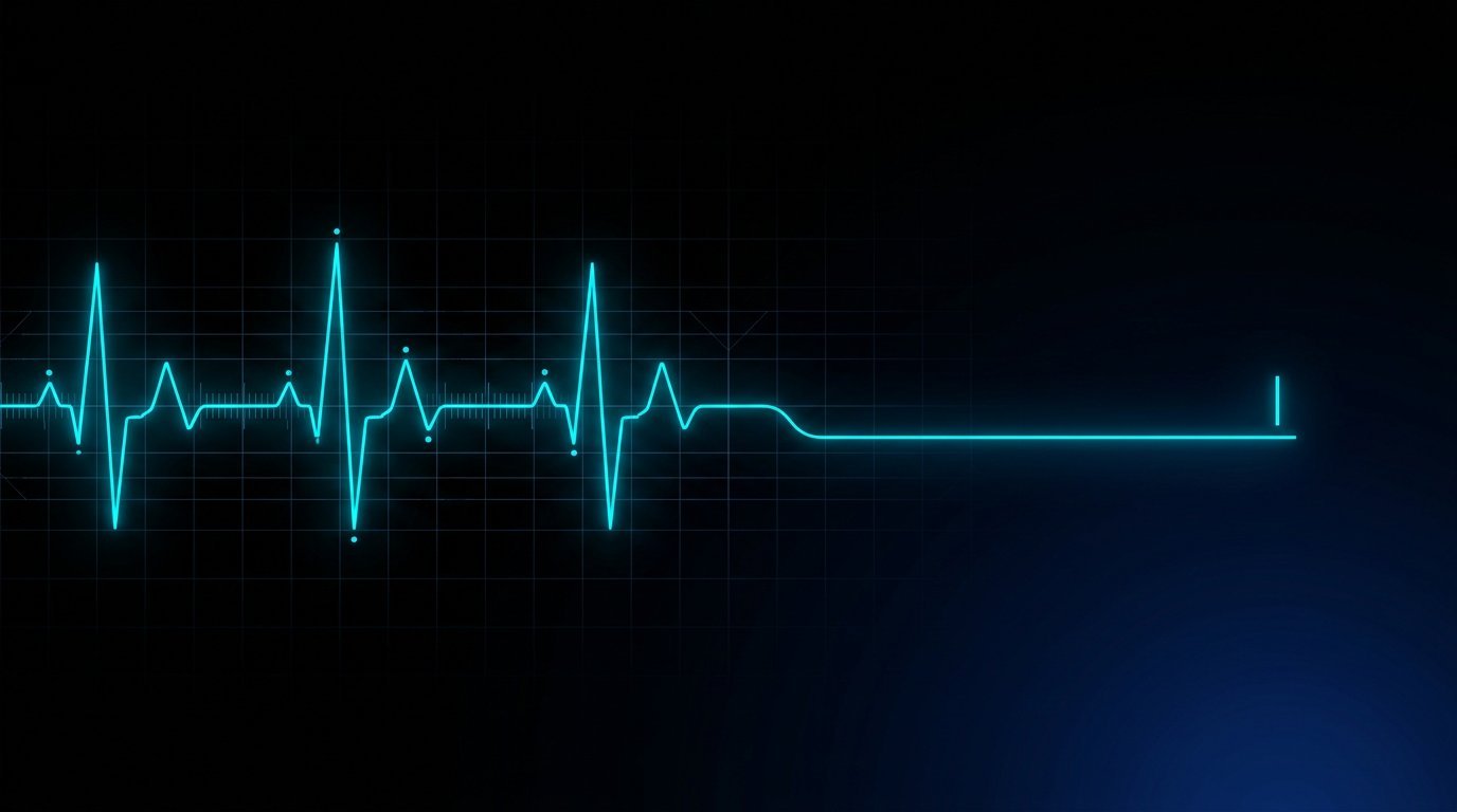 A glowing electric-cyan heartbeat line morphing into a search bar on a black blueprint grid